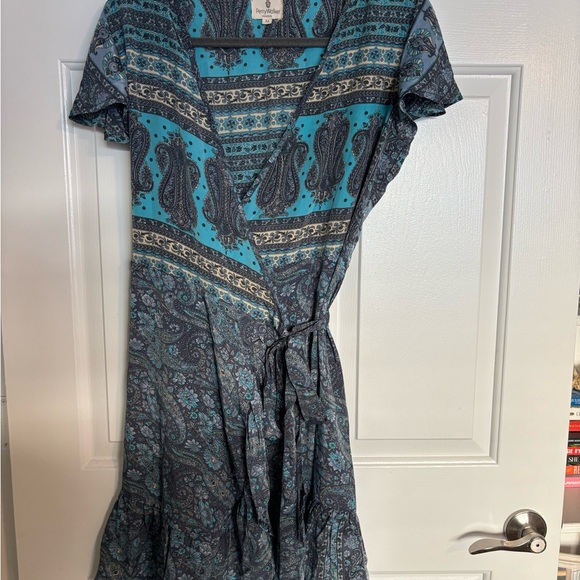Perry Walker Collective Blue and Gray Paisley Silk Midi Wrap Dress - Picture 1 of 3